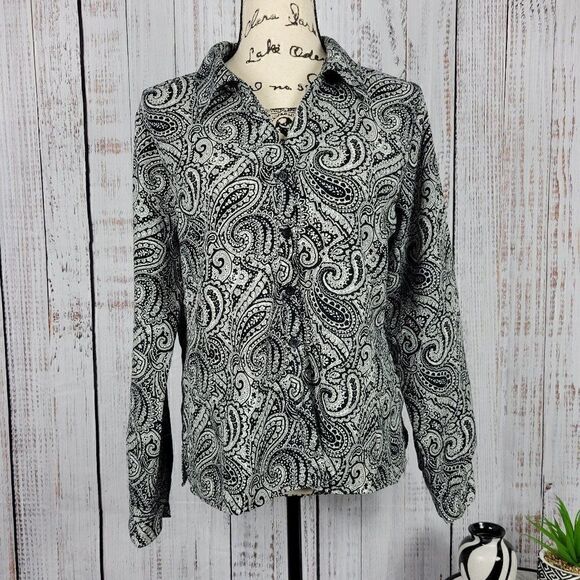 Notations Black & White Paisley Medium Dressy Casual Patterned Button Blouse - Picture 2 of 9